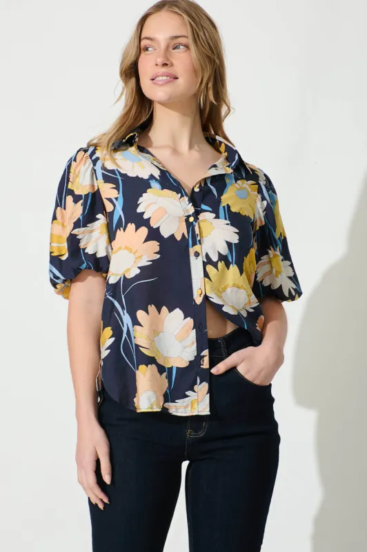 Azari Shirt in Navy with Mustard Floral Cotton Blend sold by St Frock