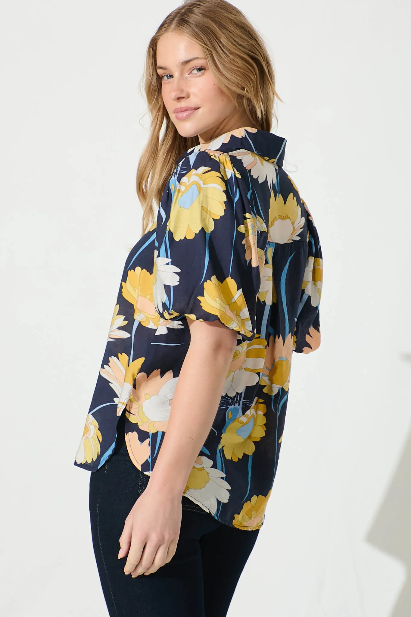 Azari Shirt in Navy with Mustard Floral Cotton Blend sold by St Frock product image thumbnail 3
