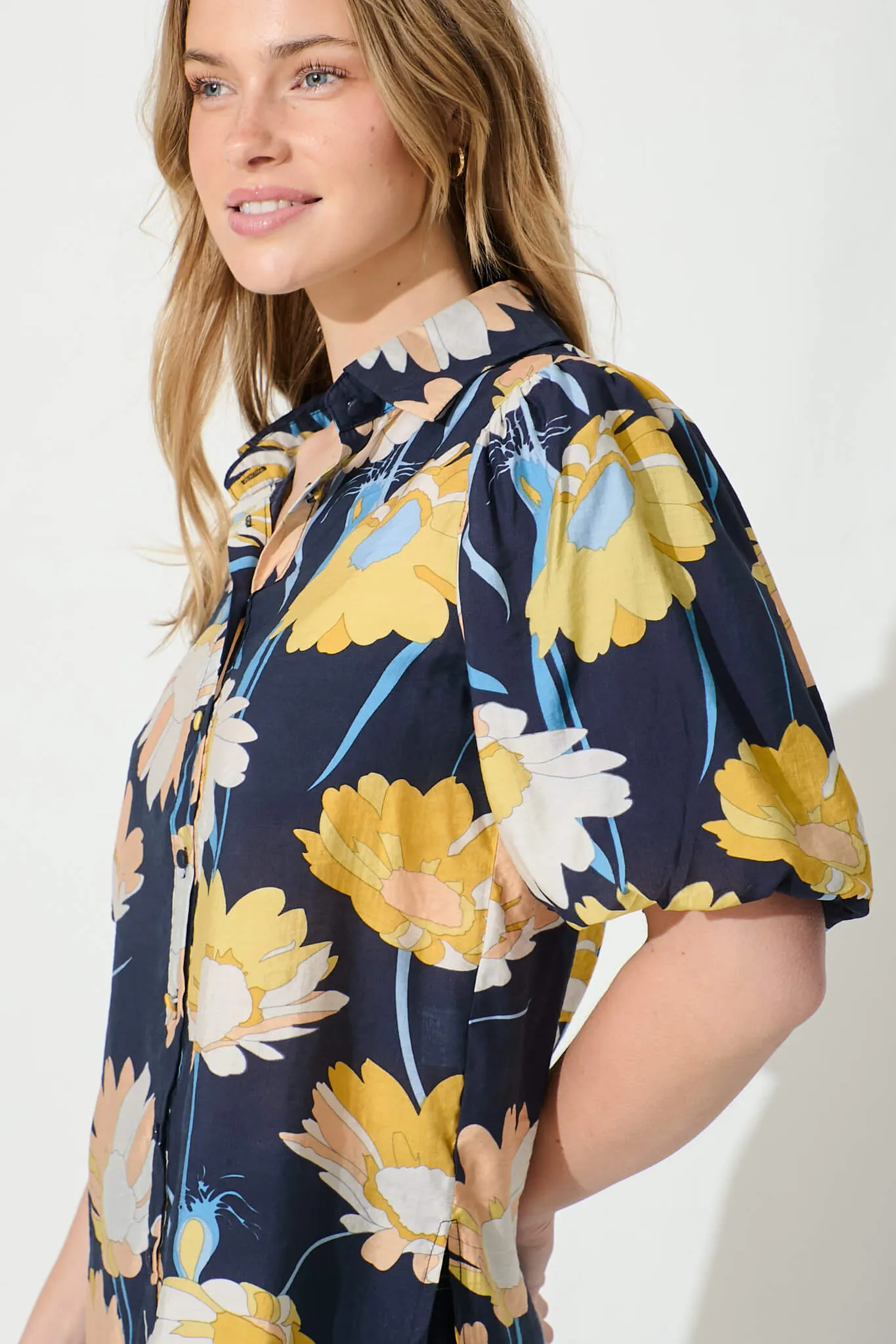 Azari Shirt in Navy with Mustard Floral Cotton Blend sold by St Frock product image thumbnail 5