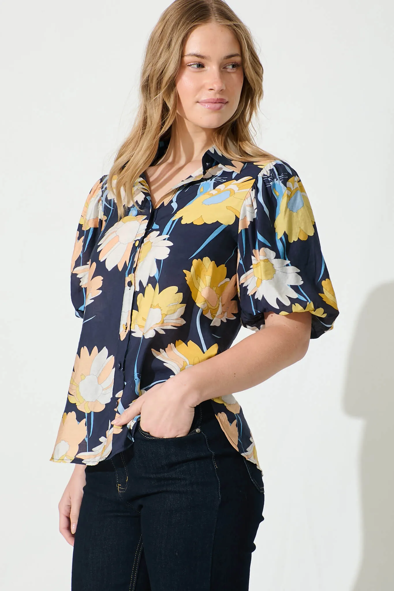 Azari Shirt in Navy with Mustard Floral Cotton Blend sold by St Frock product image thumbnail 2