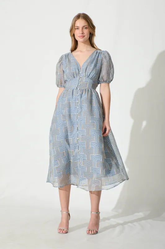 Evermore Midi Dress Dusty Blue with Lurex Embroidery sold by St Frock