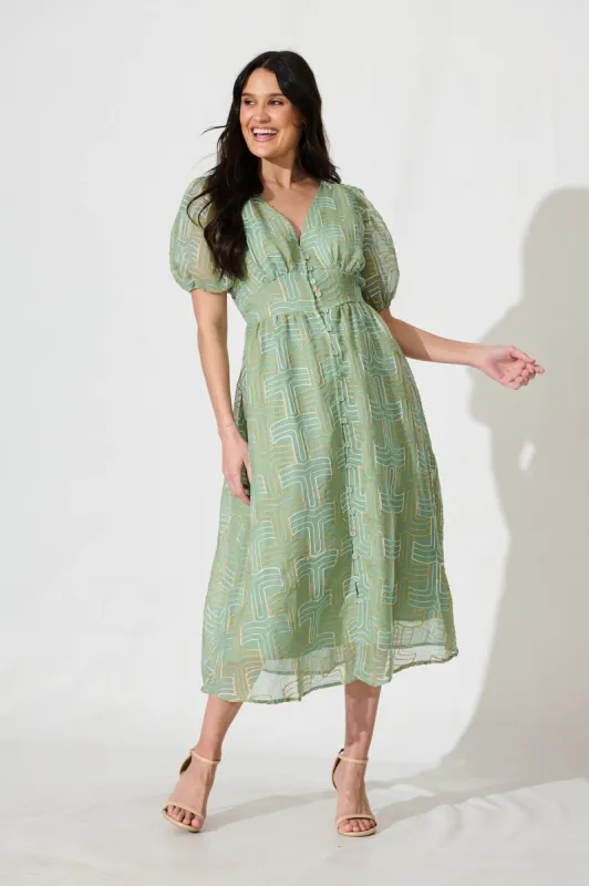 Evermore Midi Dress Pale Green with Lurex Embroidery sold by St Frock