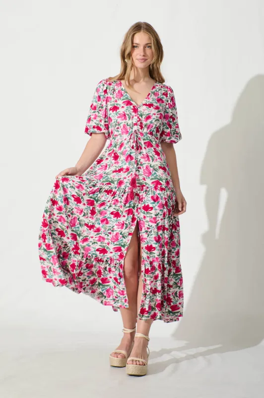 Aleah Maxi Dress in White with Pink and Green Floral sold by St Frock
