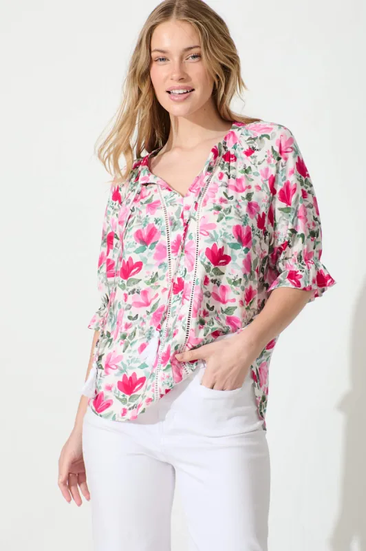 Amaya Top in White with Pink and Green Floral sold by St Frock