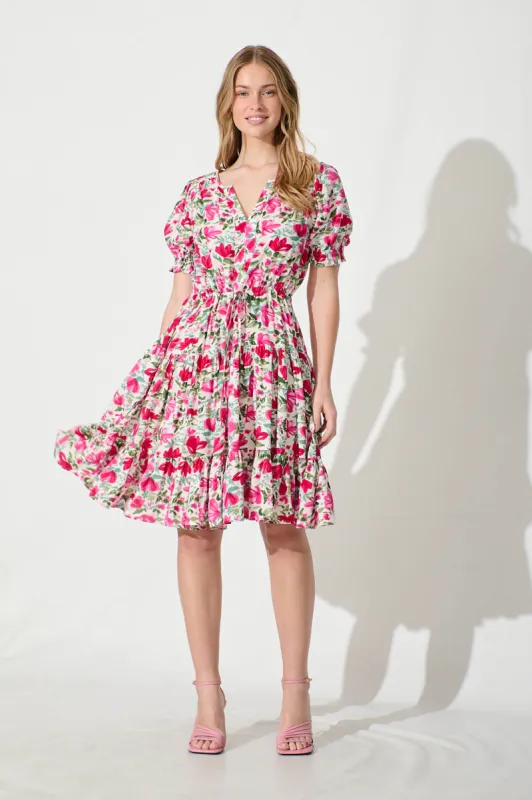 Adilah Dress in White with Pink and Green Floral sold by St Frock