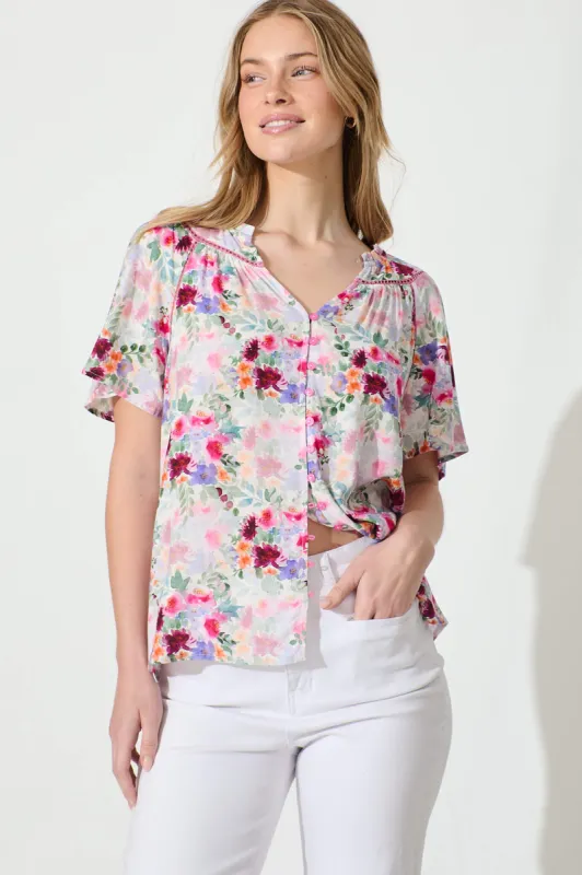 Malia Top in Multi Watercolour floral sold by St Frock