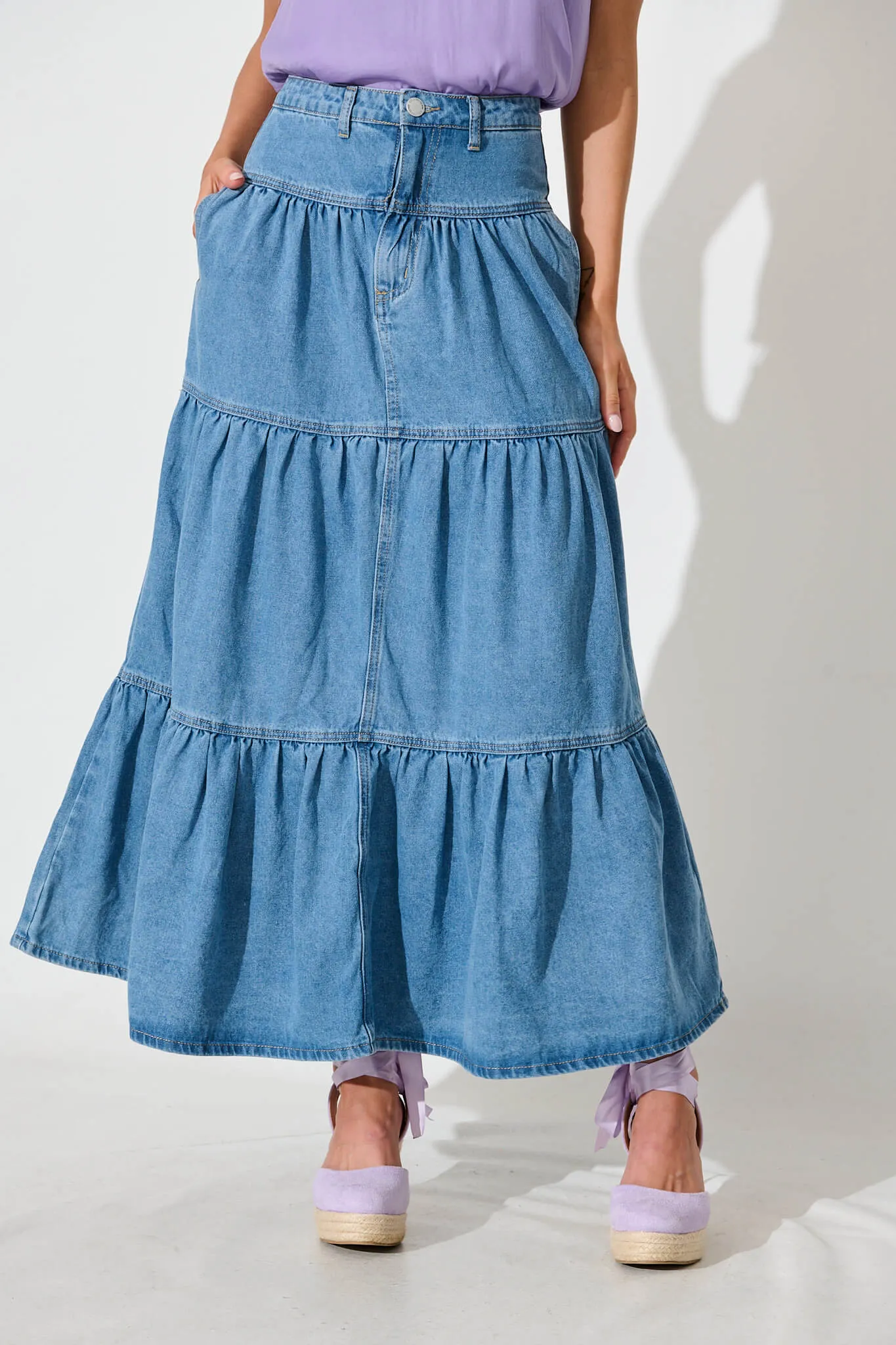 Aisha Maxi Skirt In Mid Blue Denim sold by St Frock