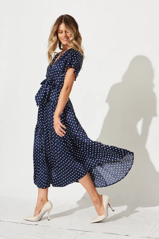 Contessa Maxi Dress in Navy with White Spot Satin sold by St Frock