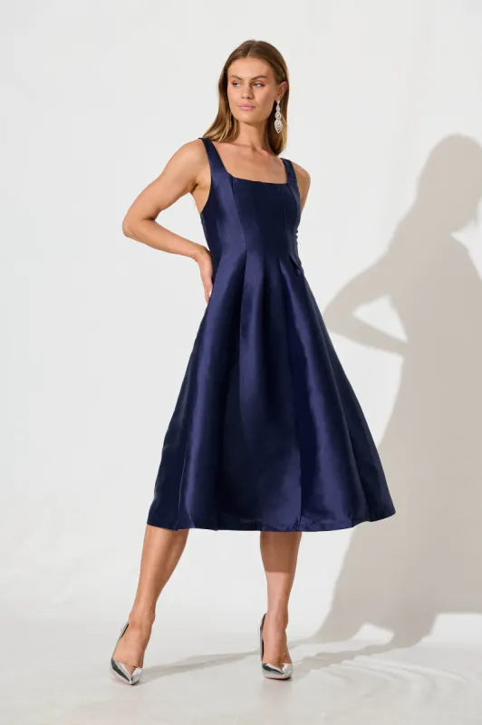 Maricelle Midi Dress in Navy Sateen sold by St Frock