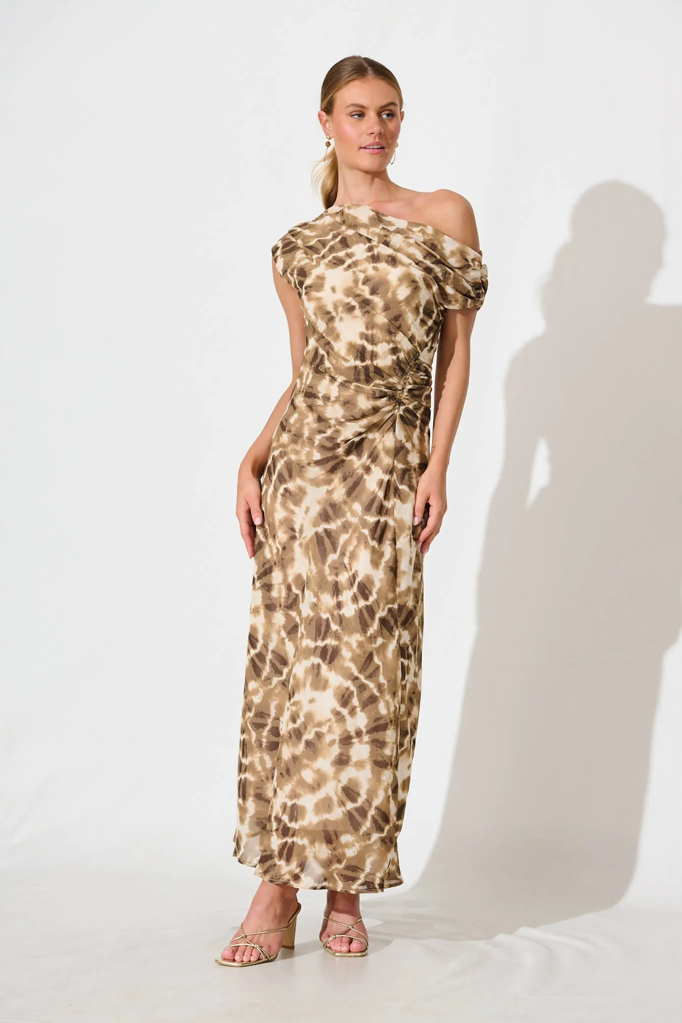 Samina Maxi Dress in Coffee and Cream Leopard Print Chiffon sold by St Frock