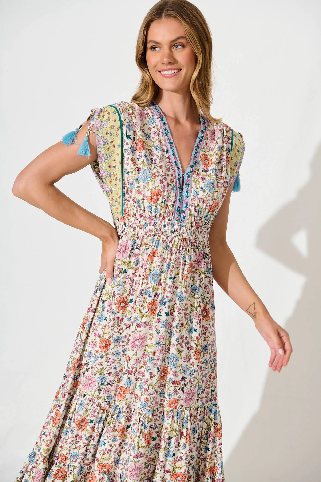 Olina Maxi Dress in White with Multi Floral Border Print sold by St Frock product image thumbnail 2