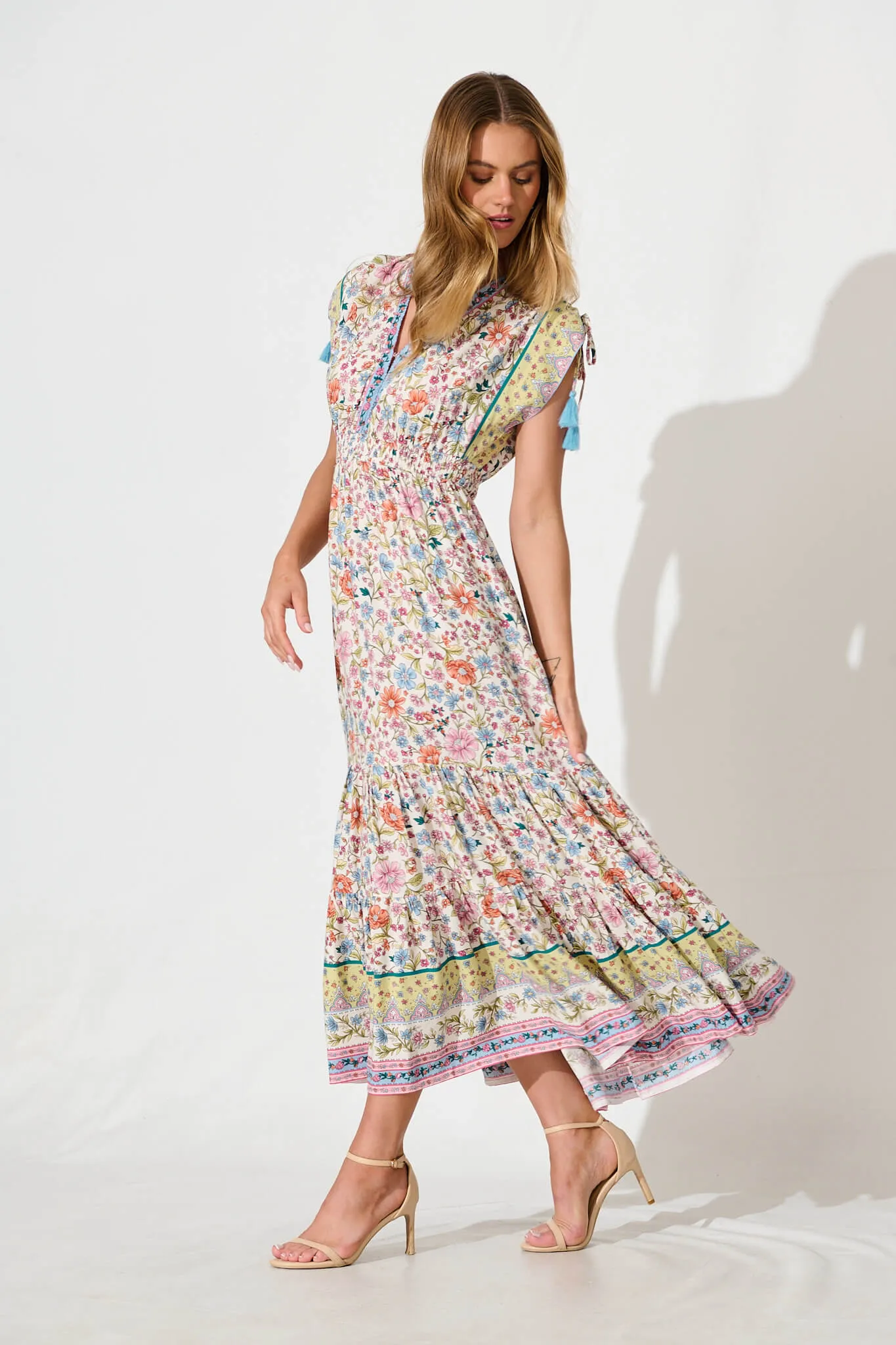 Olina Maxi Dress in White with Multi Floral Border Print sold by St Frock product image thumbnail 3