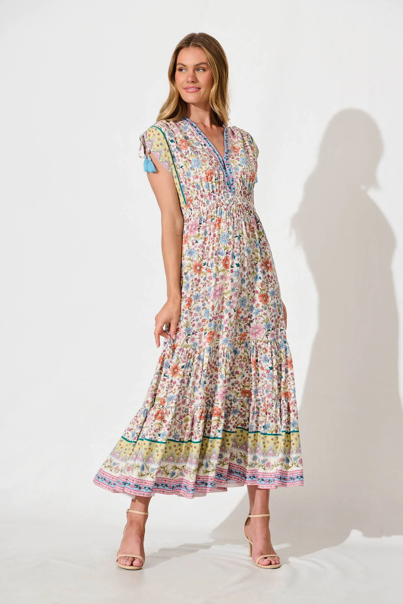 Olina Maxi Dress in White with Multi Floral Border Print sold by St Frock