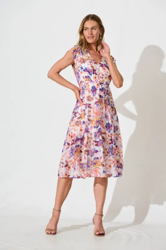 Dixie Midi Dress In White With Multi Floral sold by St Frock