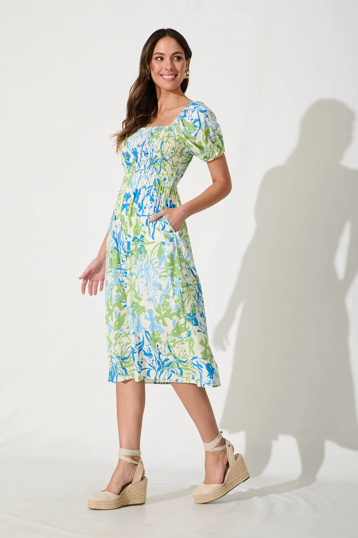 Perry Midi Dress In Blue With Green Print sold by St Frock product image thumbnail 3