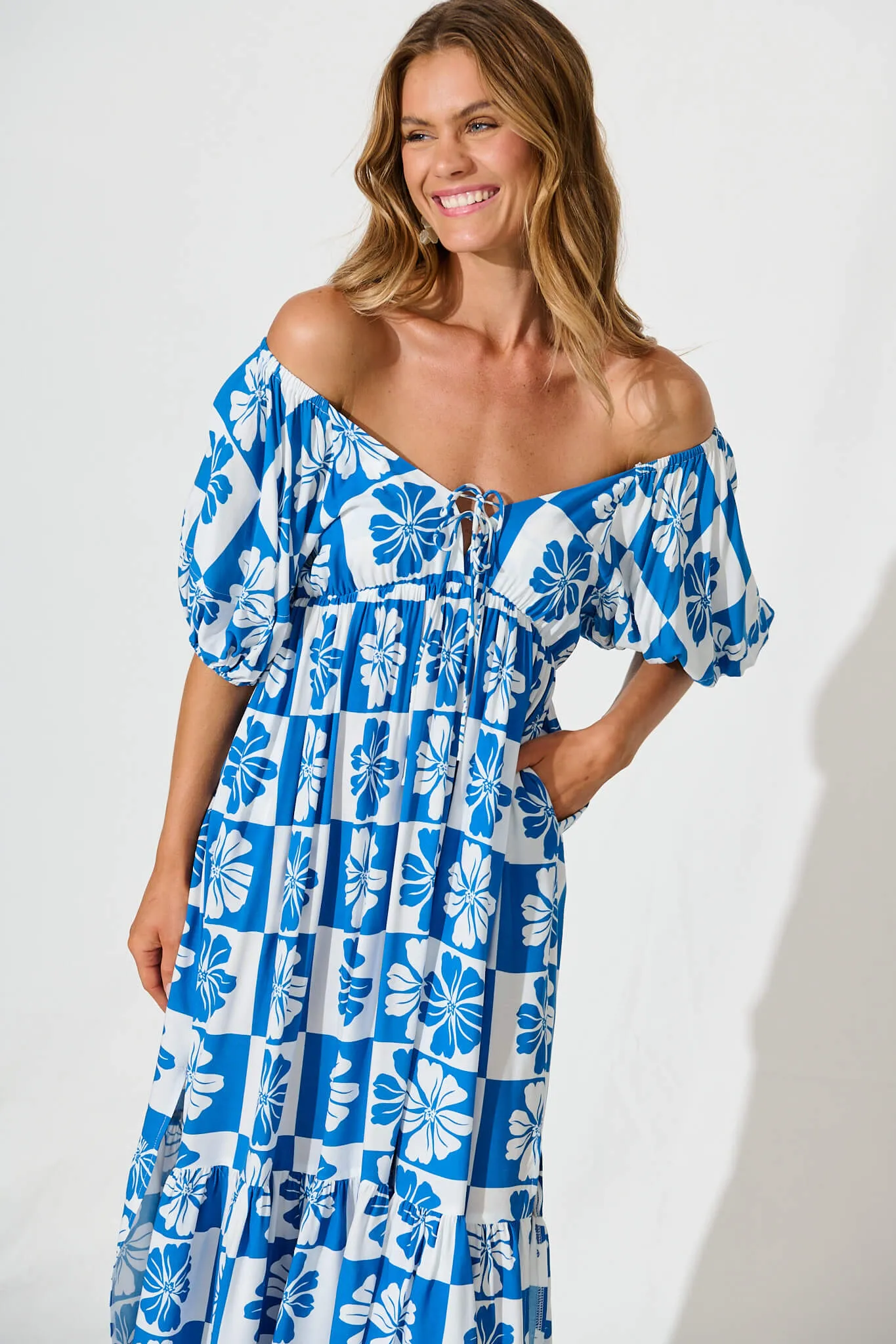 Marchena Midi Dress in Blue and White Flower Print sold by St Frock product image thumbnail 2