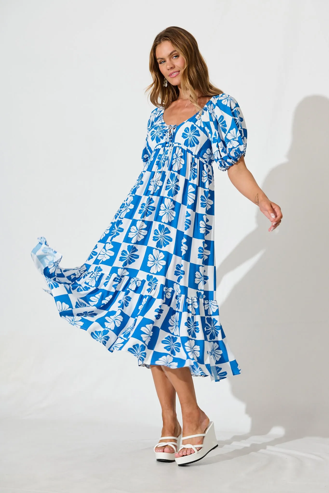 Marchena Midi Dress in Blue and White Flower Print sold by St Frock