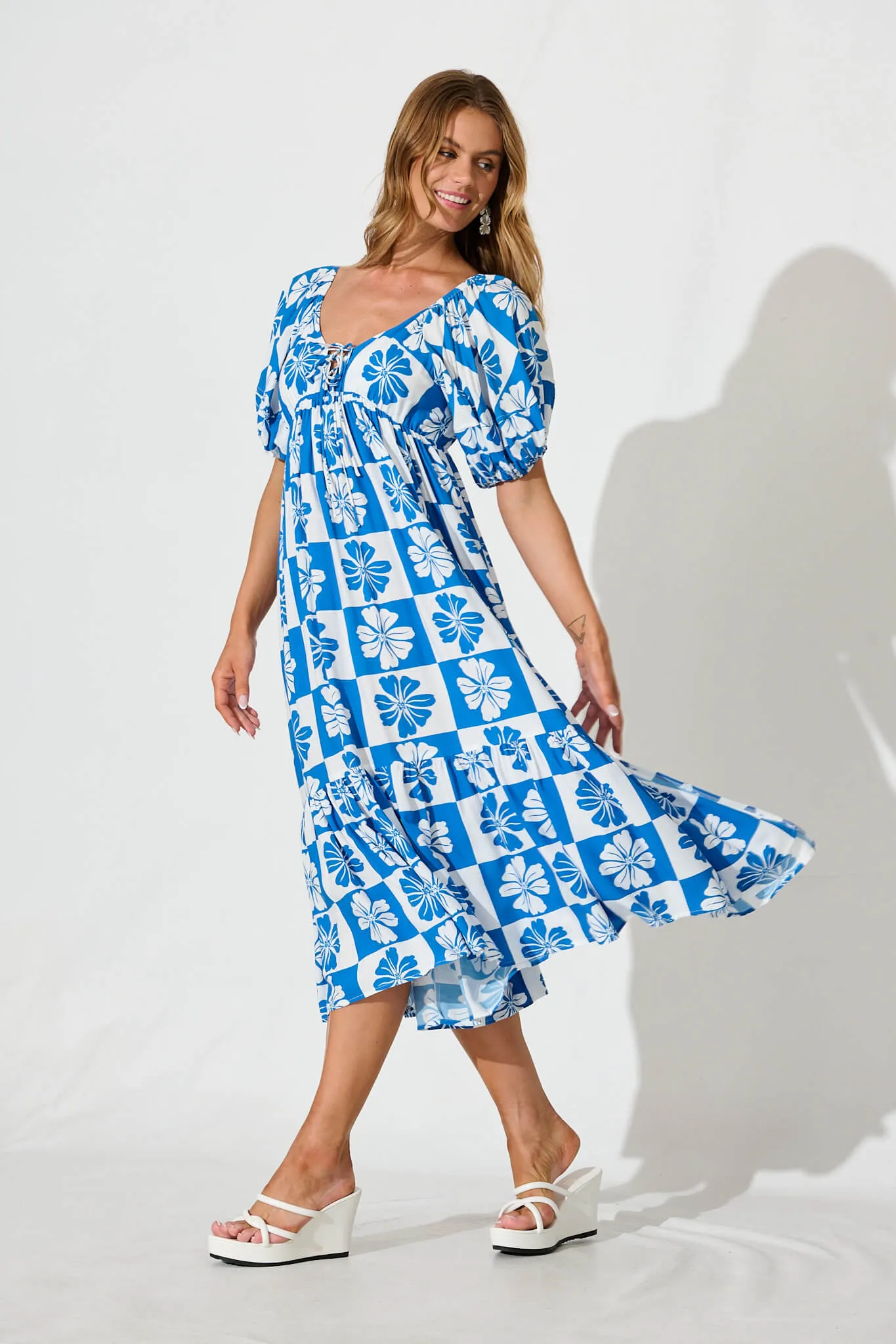 Marchena Midi Dress in Blue and White Flower Print sold by St Frock product image thumbnail 3