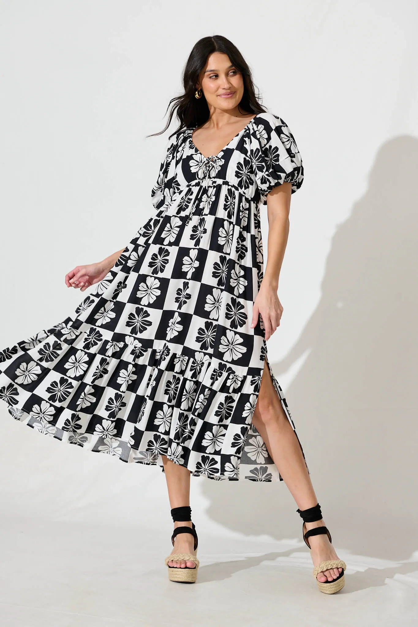 Marchena Midi Dress in Black and White Flower Print sold by St Frock product image thumbnail 5
