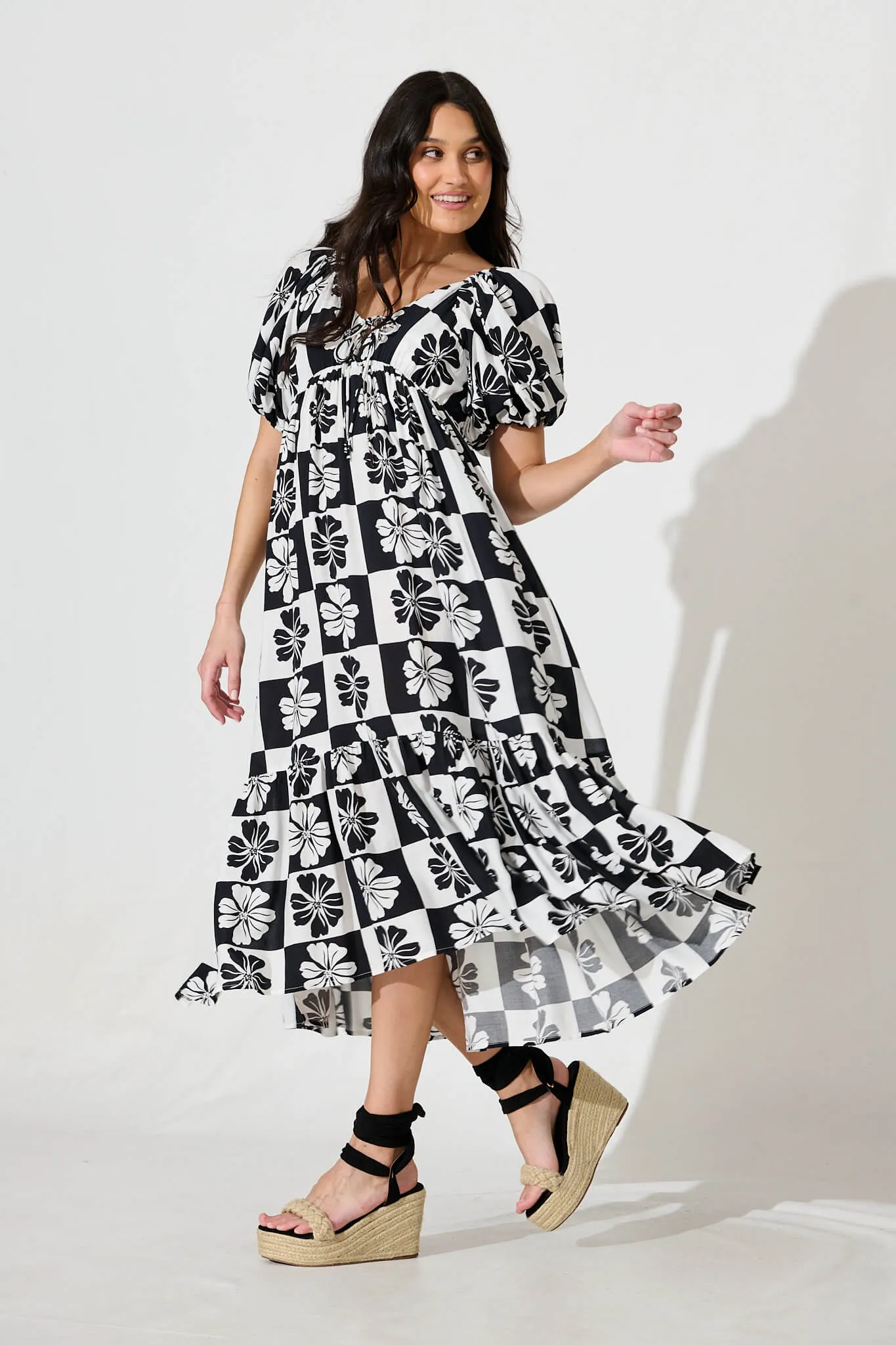 Marchena Midi Dress in Black and White Flower Print sold by St Frock product image thumbnail 3