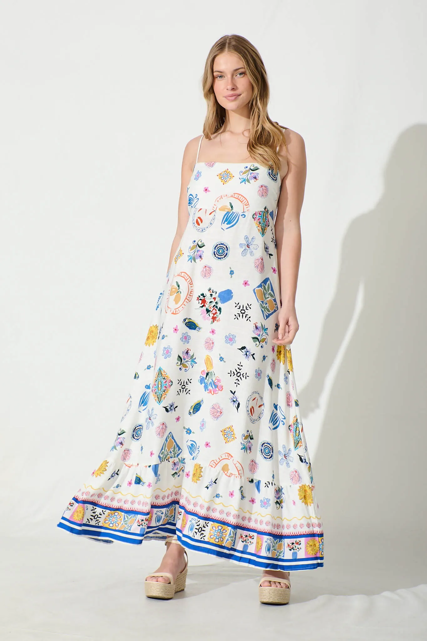 Mabrey Maxi Sundress in White with Multi Print sold by St Frock