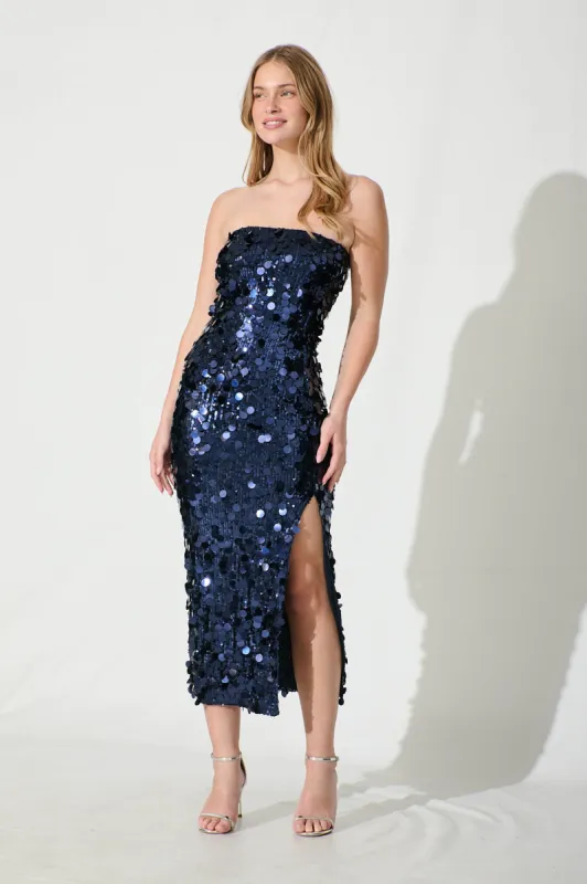 Nashi Maxi Dress in Midnight Blue Sequin sold by St Frock