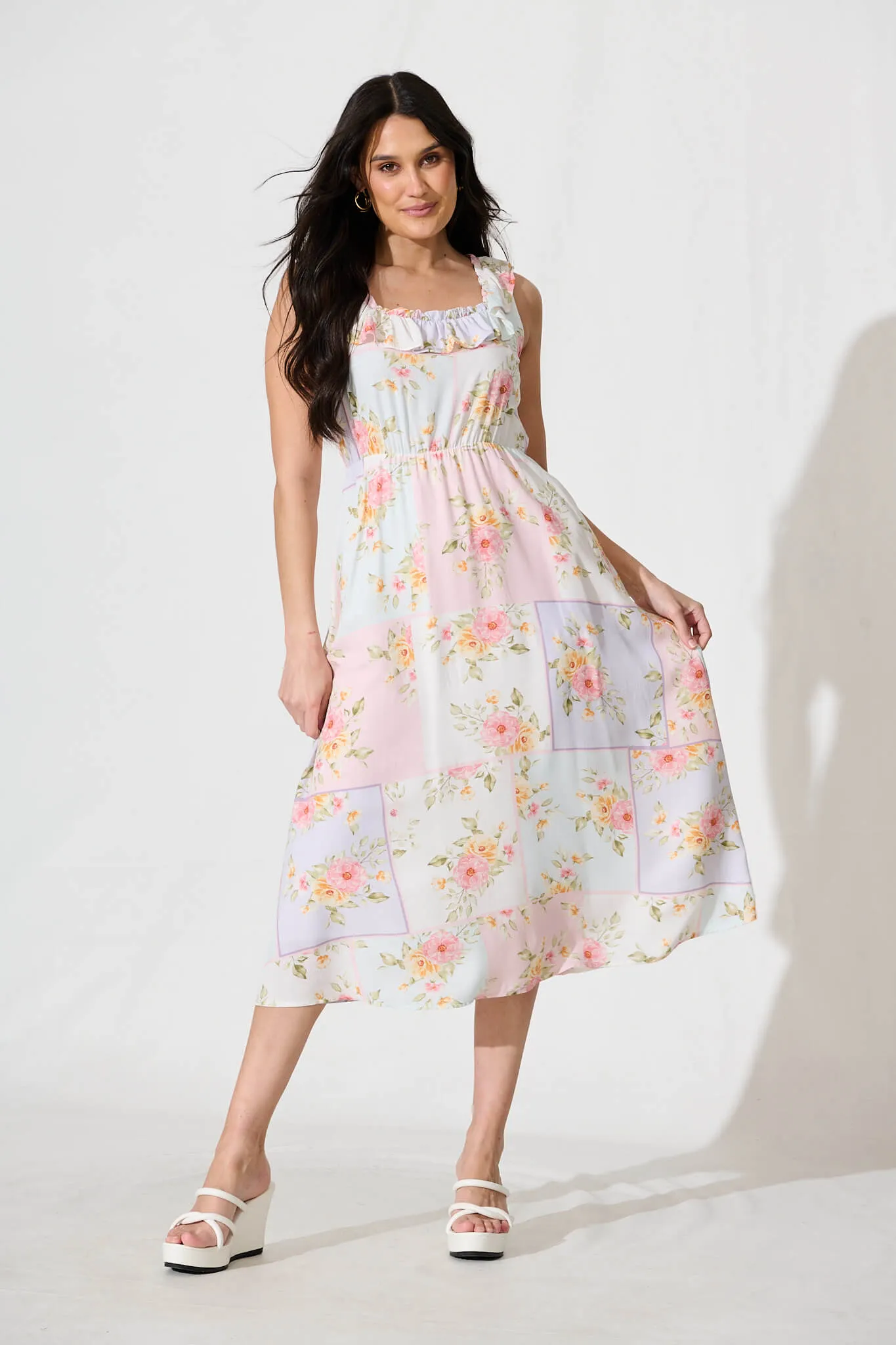 Paige Midi Dress In Pastel Floral Patchwork Linen Blend sold by St Frock