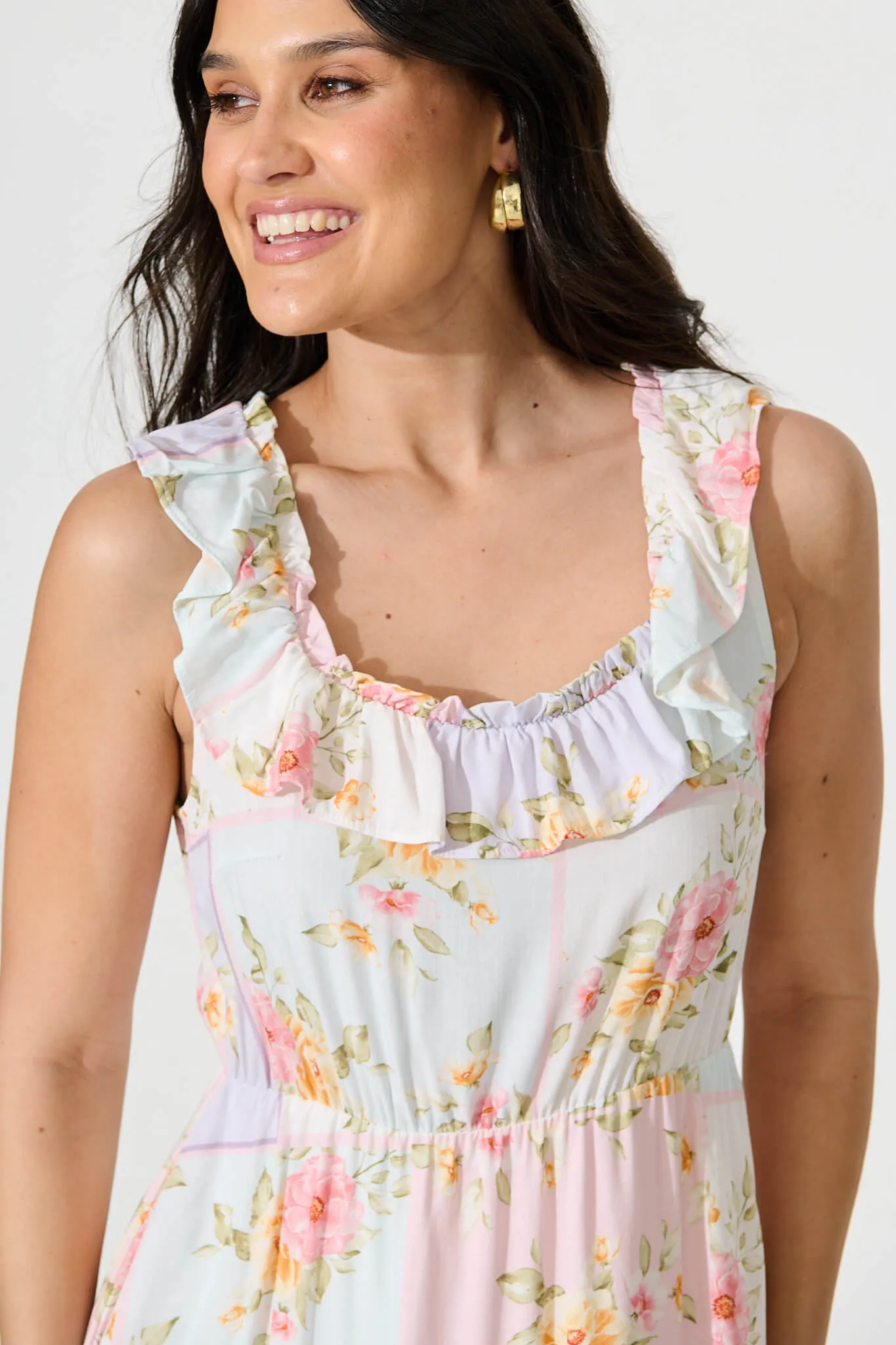 Paige Midi Dress In Pastel Floral Patchwork Linen Blend sold by St Frock product image thumbnail 5