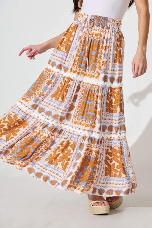 Arcadia Maxi Skirt in Multi Orange With Ric Rac Trim sold by St Frock