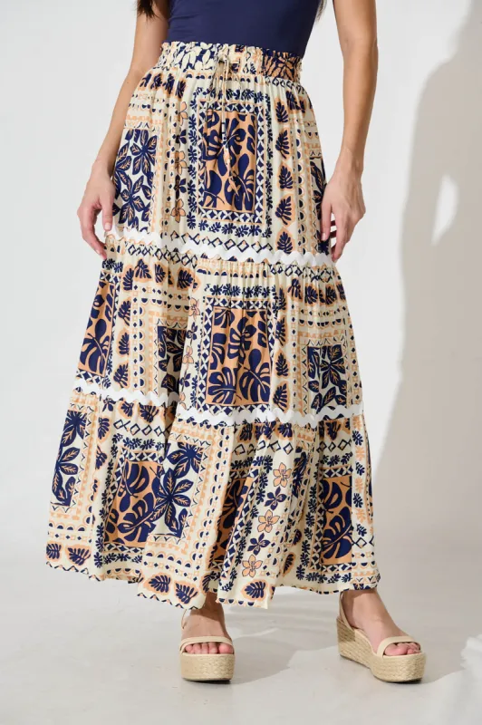 Arcadia Maxi Skirt in Beige and Navy With Ric Rac Trim sold by St Frock