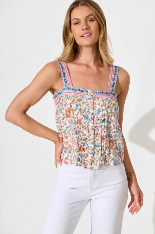 Liliana Cami Top In White with Multi Floral Border Print sold by St Frock