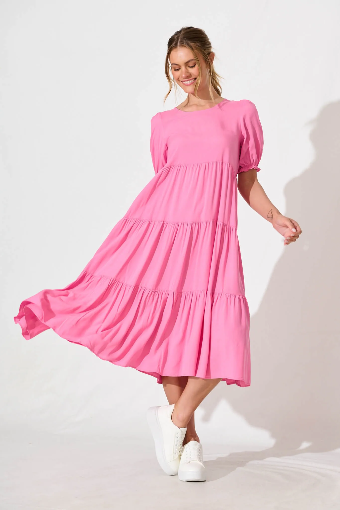 Nevi Tiered Midi Dress In Pink sold by St Frock