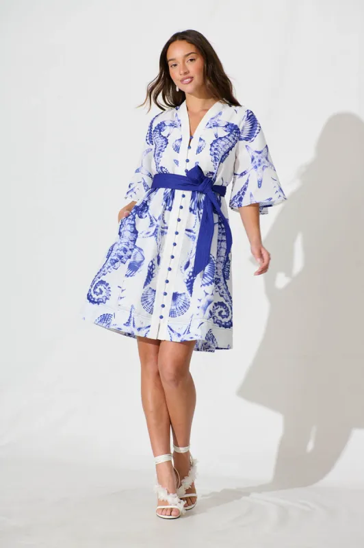 Tandie Midi Dress In White With Blue Print Linen Blend sold by St Frock