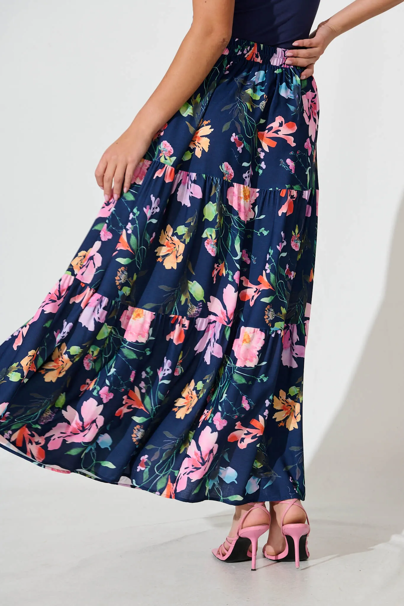 Newmoon Maxi Skirt In Navy With Multi Floral Print sold by St Frock product image thumbnail 3