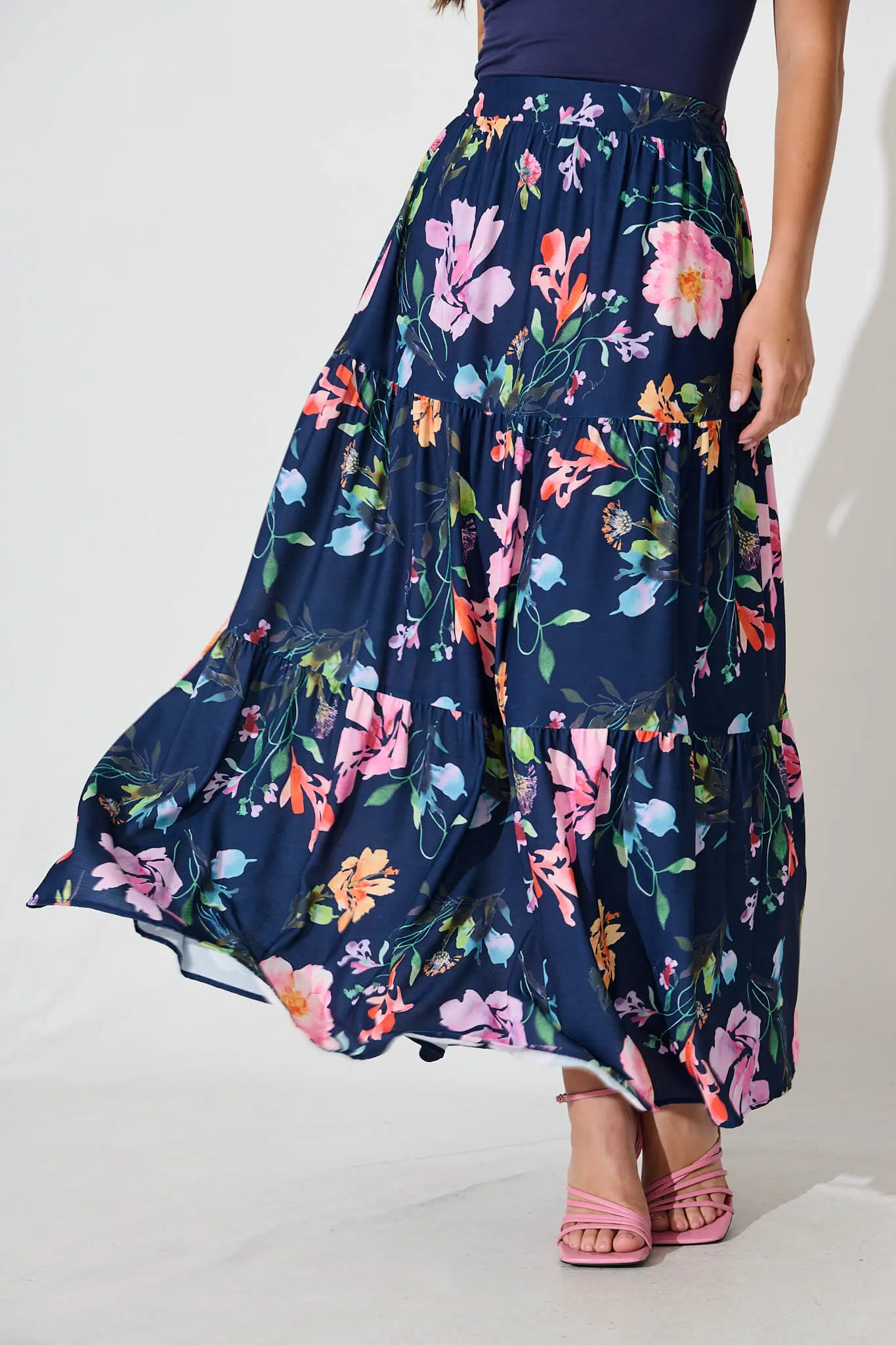 Newmoon Maxi Skirt In Navy With Multi Floral Print sold by St Frock