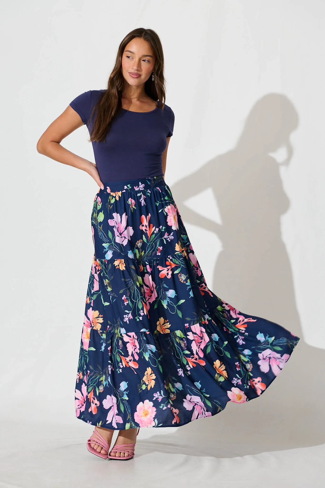 Newmoon Maxi Skirt In Navy With Multi Floral Print sold by St Frock product image thumbnail 4