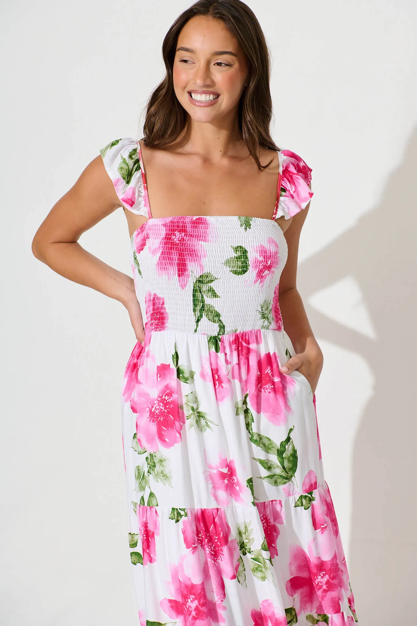 Rylee Midi Dress in White with Pink Floral Linen Blend sold by St Frock product image thumbnail 2