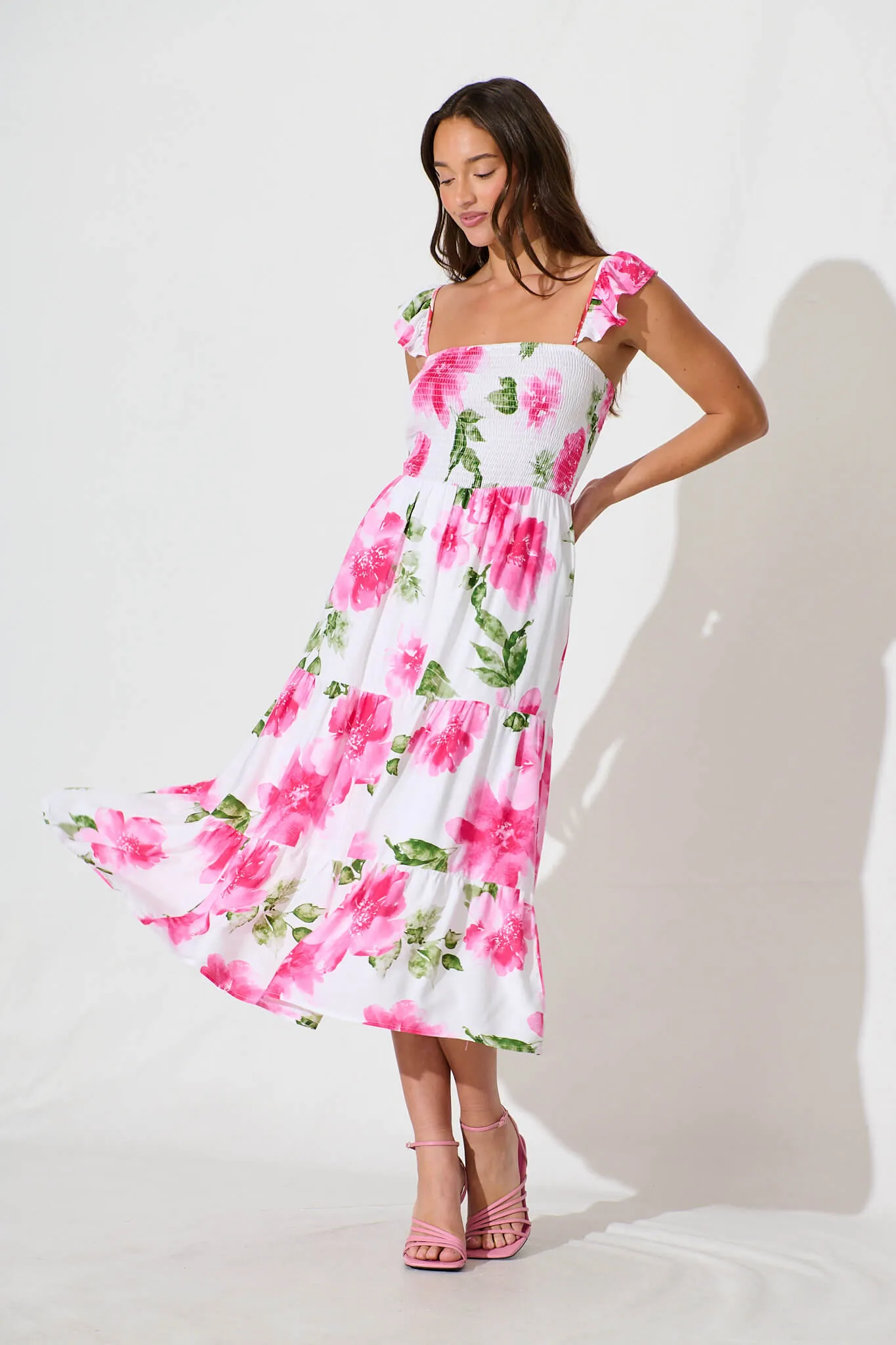 Rylee Midi Dress in White with Pink Floral Linen Blend sold by St Frock