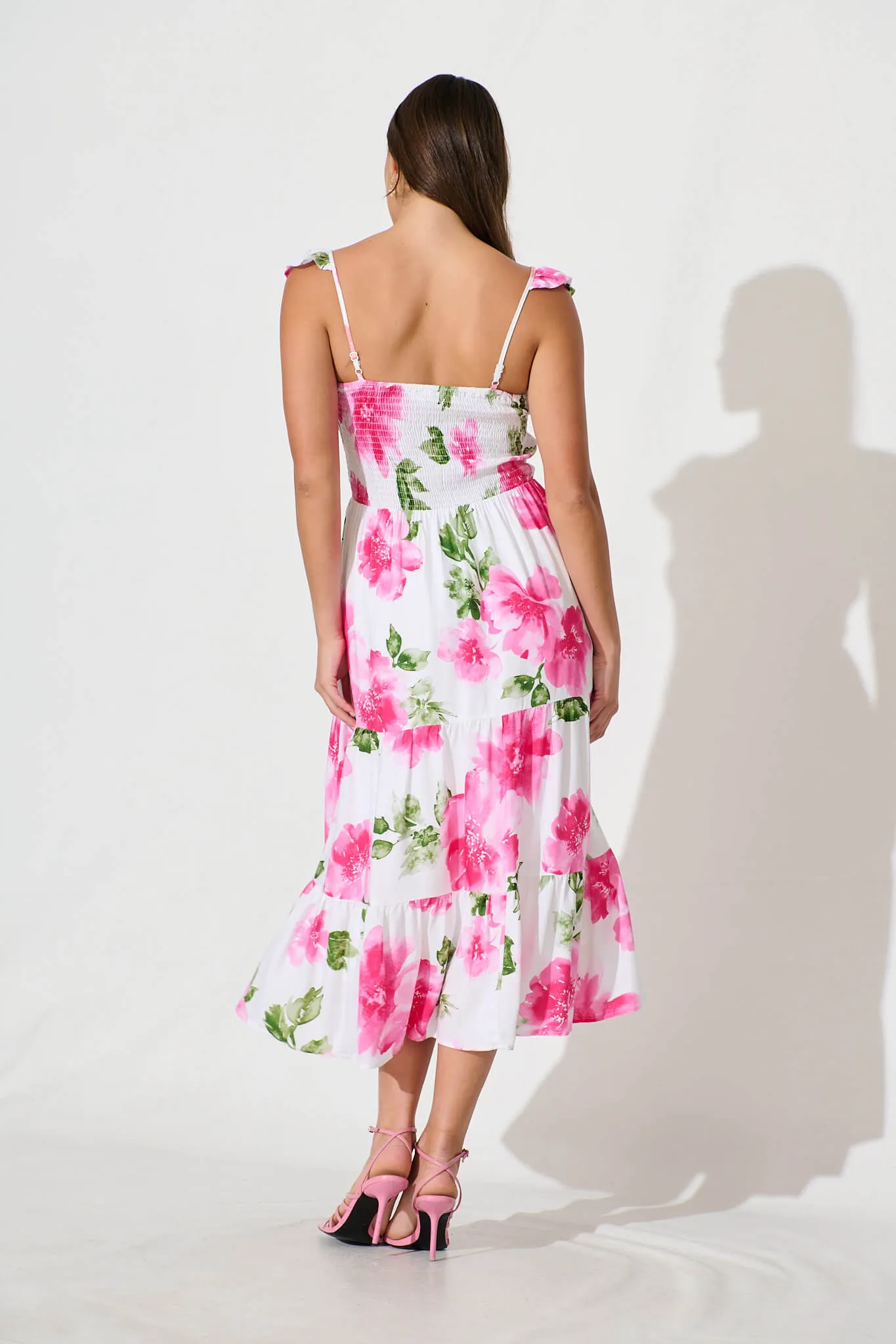 Rylee Midi Dress in White with Pink Floral Linen Blend sold by St Frock product image thumbnail 4