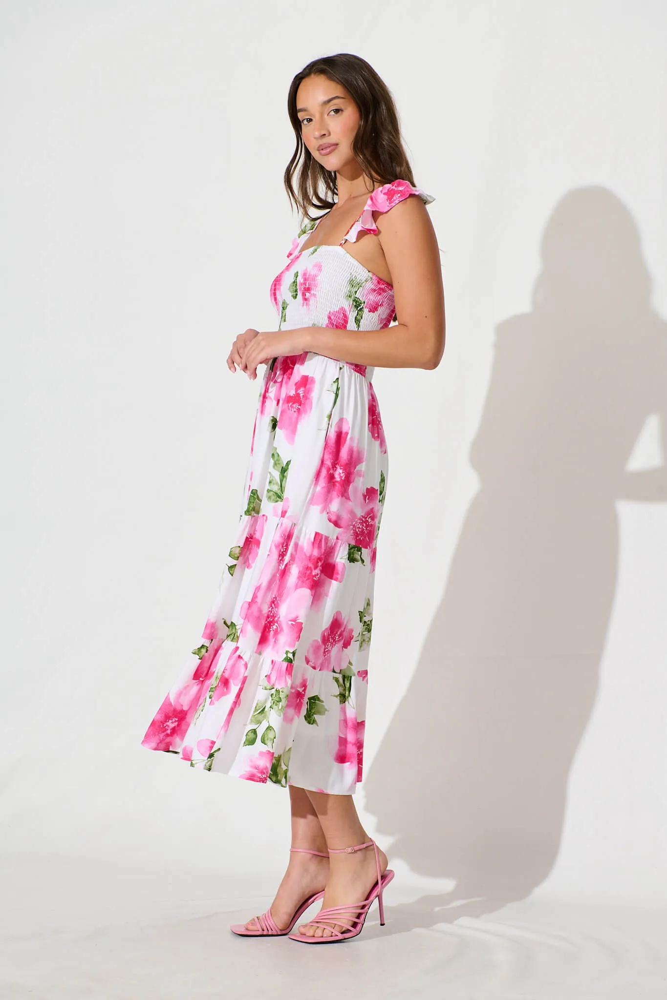 Rylee Midi Dress in White with Pink Floral Linen Blend sold by St Frock product image thumbnail 3