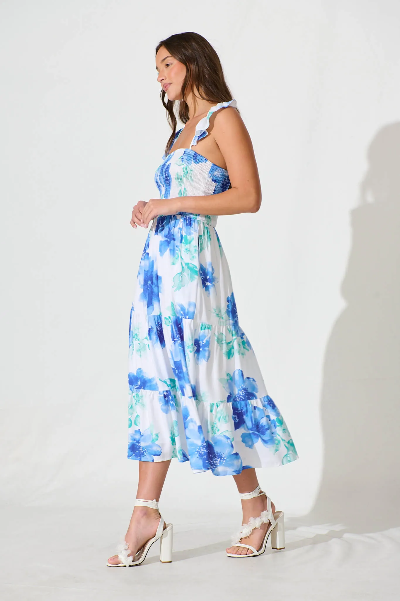 Rylee Midi Dress in White with Blue Floral Linen Blend sold by St Frock product image thumbnail 3