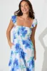 Rylee Midi Dress in White with Blue Floral Linen Blend sold by St Frock