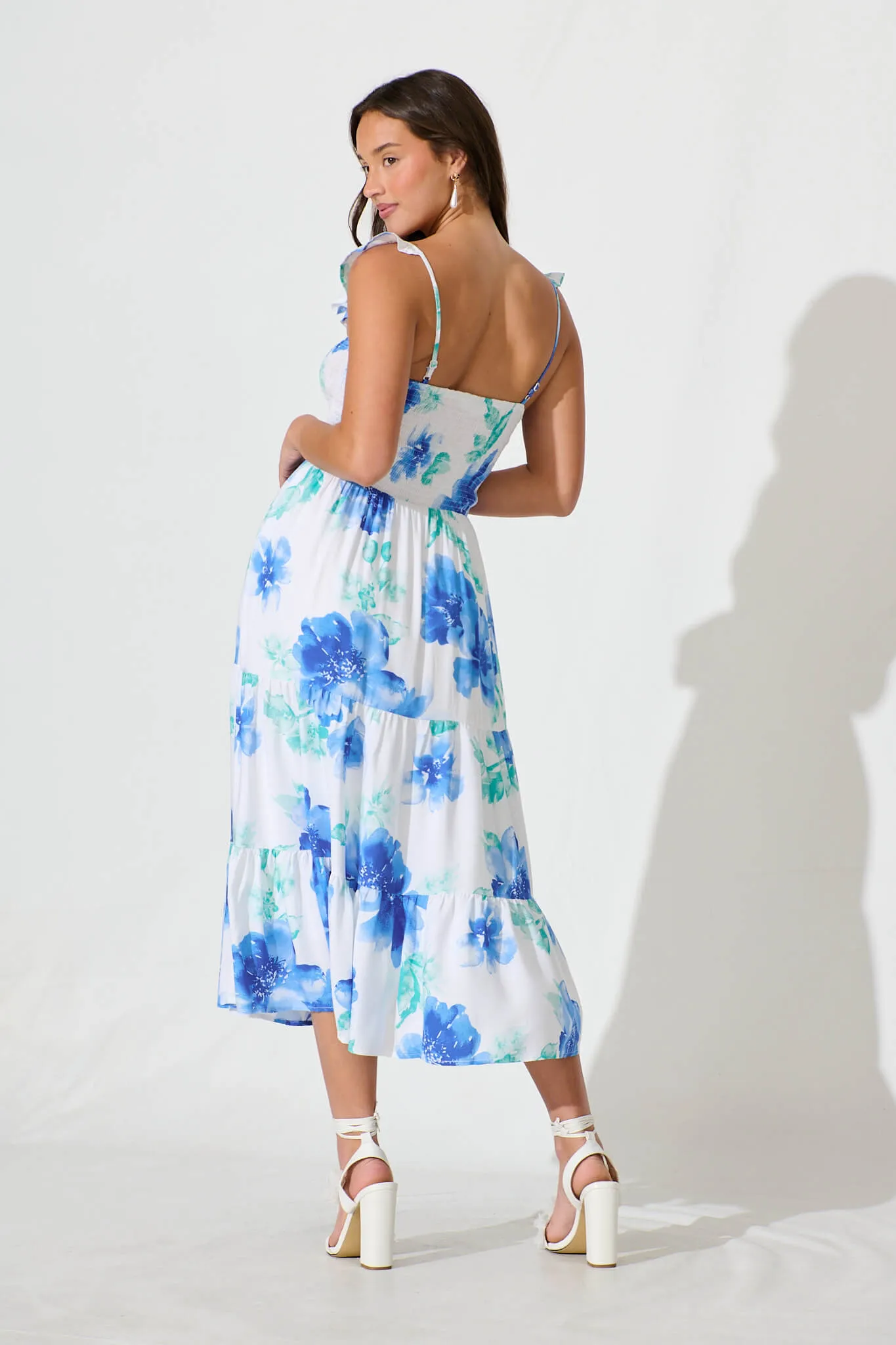 Rylee Midi Dress in White with Blue Floral Linen Blend sold by St Frock product image thumbnail 4