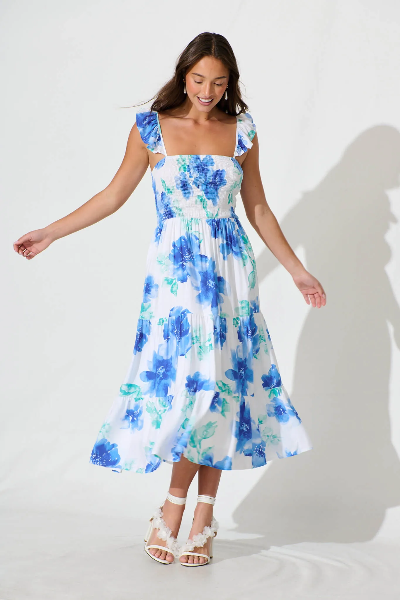 Rylee Midi Dress in White with Blue Floral Linen Blend sold by St Frock