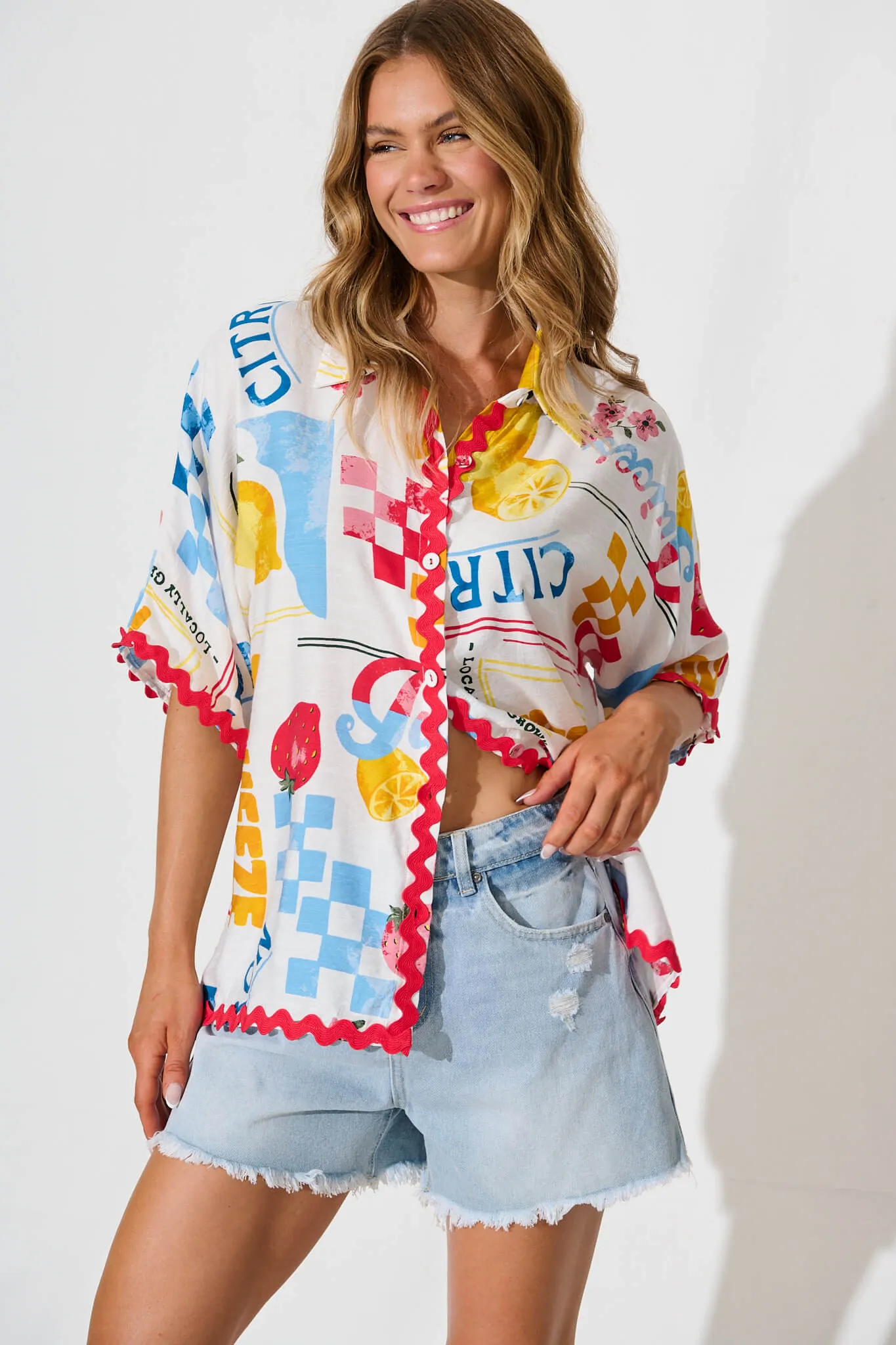 Dream Girl Shirt In White Lemon Print Ric Rac Trim sold by St Frock