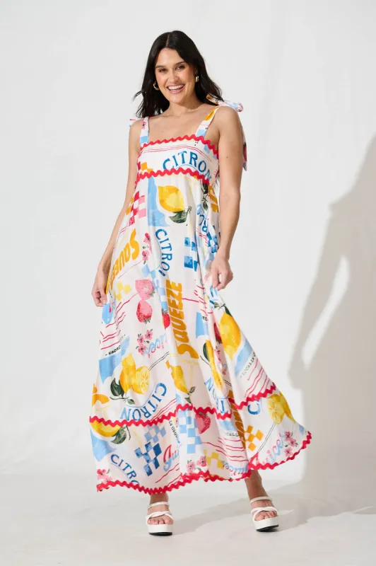 Somerset Maxi Sundress In White Lemon Print Ric Rac Trim sold by St Frock