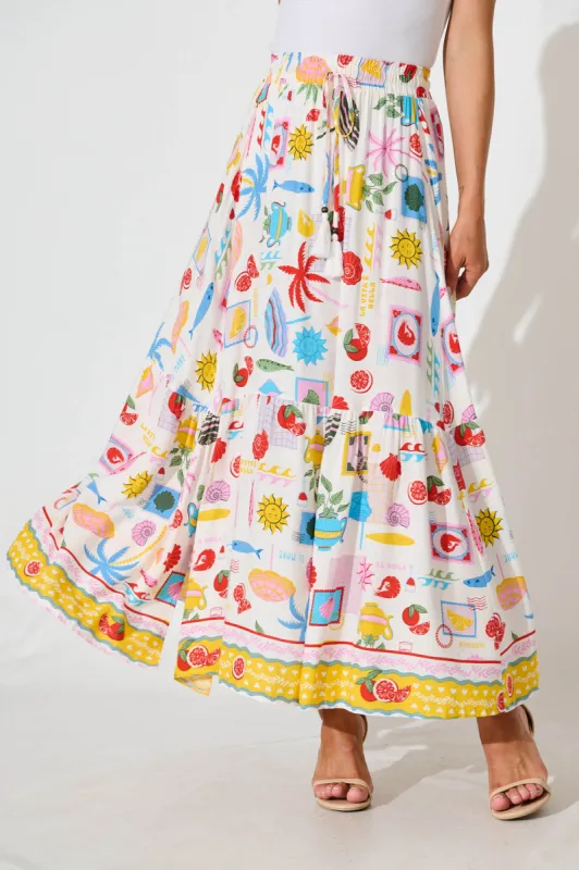 Dema Maxi Skirt in White with Multi Tropical Print sold by St Frock