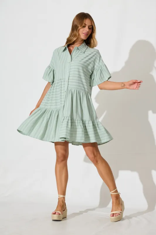 Freya Shirt Dress In Sage Green With White Stripe sold by St Frock