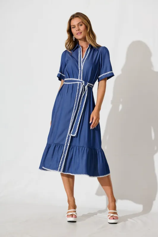 Aurora Midi Shirt Dress In Blue With White Contrast Stitch sold by St Frock
