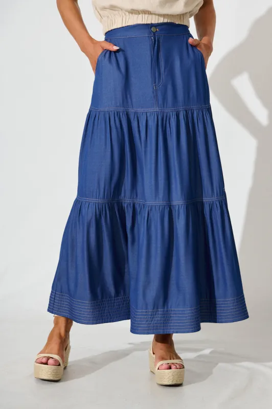Adelina Maxi Skirt In Blue With Contrast Stitch sold by St Frock